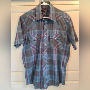 Williams Bay Blue Purple Gray Plaid Western Short Sleeve Pearl Snap Shirt